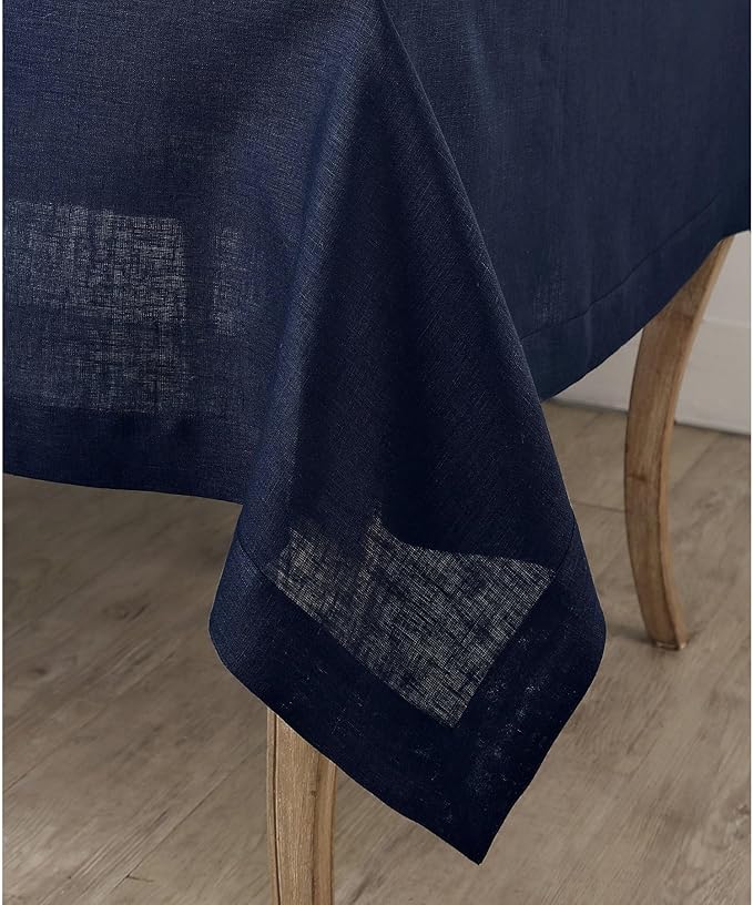 Solino Home Navy Blue Linen Tablecloth 60 x 144 Inch - 100% Pure Linen Table Cloth for Rectangle Tables - Fete, Machine Washable Tablecloth for Winter, Spring, Easter
