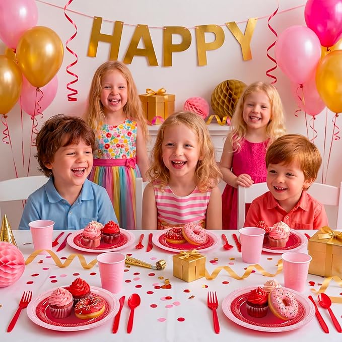MirthMood 350PCS Valentines Plastic Plates For Party, Valentines Disposable Plates Set, 50 Of Each Dinner Plate Set, Dessert Plate, Cups, Napkins & Cutlery Plastic Dinnerware for Valentine's Day
