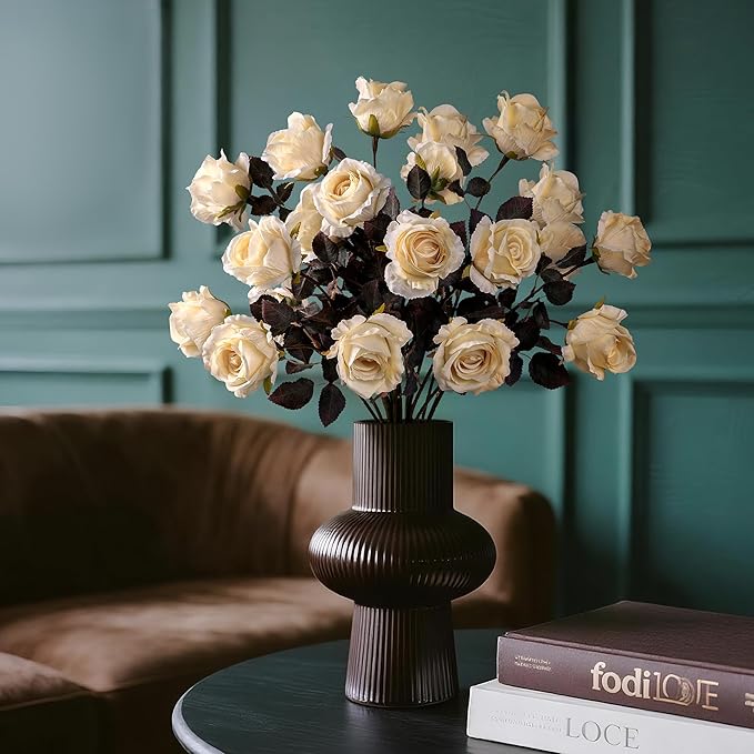 Artificial Flowers Artificial Roses 23.2In Fake Roses Long Stem Artificial Flowers for Tall Vase Silk Rose Suitable for Indoor Decor Wedding Party Decor DIY Bouquet Autumn (Milky White，20PCS)