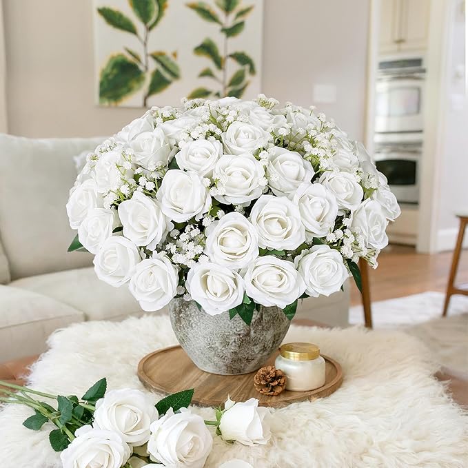 HyeFlora 35 PCS Artificial White Roses with 15 PCS Fake Baby Breath Realistic Fake Flowers Bouquet with Stem for DIY Wedding Party Home Decoration Vase Tables Centerpieces Arrangements Gift for Her