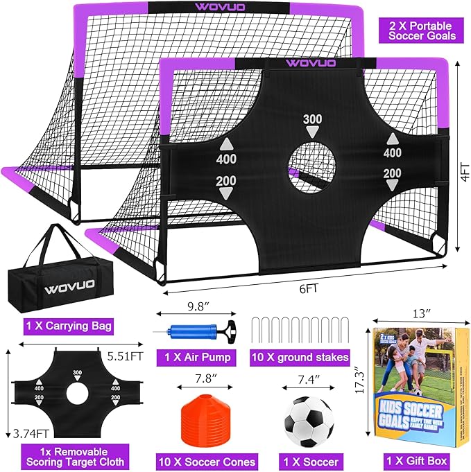 Kids Soccer Goals for Backyard Set of 2, 6x4 ft Portable Toddler Soccer Goal Training Equipment with Soccer Target, Ball, Cones, Soccer Net for Kids Age 3-5 6-8 8-12 10-12-14 Outdoor Sports Games Gift