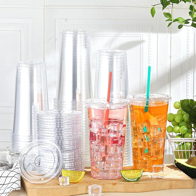 Hushee 500 Sets 32 oz Clear Plastic Cups with Lids and Individually Wrapped Straws Disposable PET Cups for Iced Coffee Cold Drinks Smoothie Juice Parfait Milkshake Parties