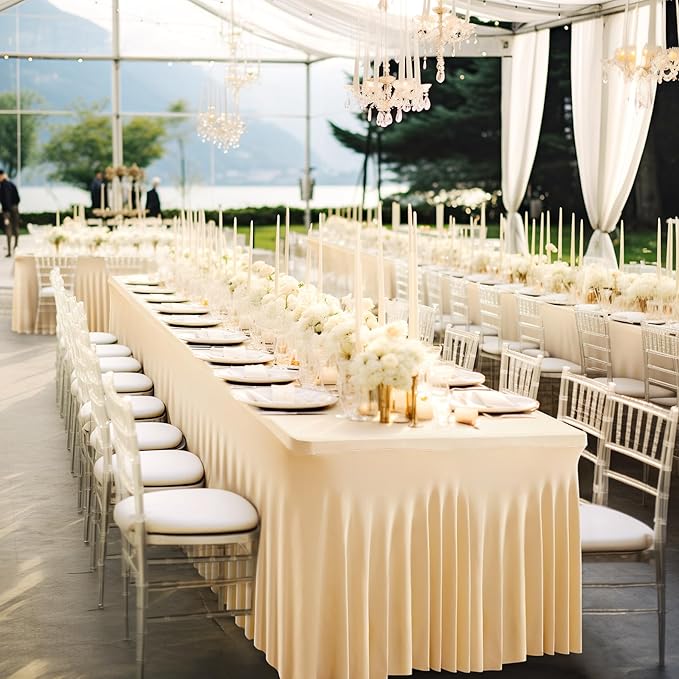 2 Packs Dark Champagne Table Clothes for 8 Foot Rectangle Tables, One-Piece Wrinkle Resistant Stretch Spandex Table Covers with Skirt for Event Banquet Wedding Birthday Party