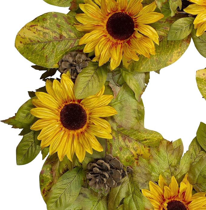 Yellow Sunflower and Pine Cone Artificial Fall Harvest Wreath - 24 inch, Unlit