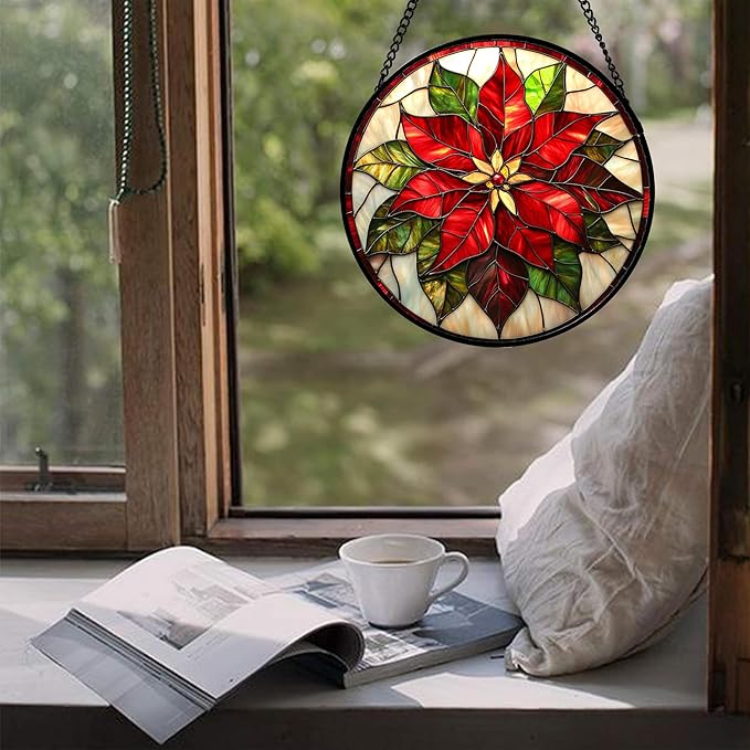 Stained Glass Window Hanging - Red Poinsettia Birth Flowers Suncatcher for Door Garden Yard Sun Catchers Decor Christmas Mother's Day Birthday Gifts for Women Mom Nana Teacher Friend 15 in