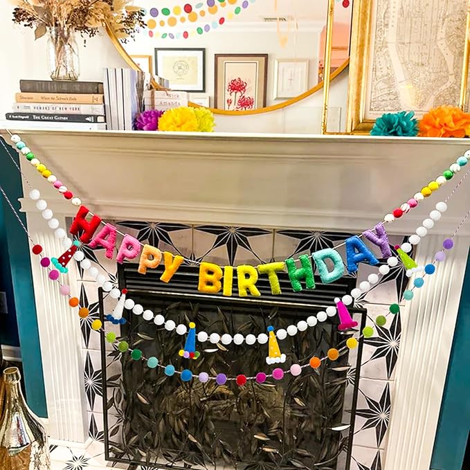 3Pcs Pre-Strung Reusable Happy Birthday Banner - Colorful Felt Ball Garland - Rainbow Party Decorations, Personalized Holiday Sign for Home Classroom Office Decor, Photo Prop Happy Birthday Sign for Kids Birthday Party (Birthday Banner + Felt Hat Garla...