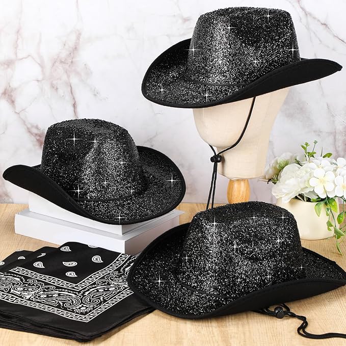Coume 12 Pcs Sparkly Adults Cowboy Hat and Bandanas Women Men Western Glitter Cowgirl Party Hats with Adjustable Drawstring