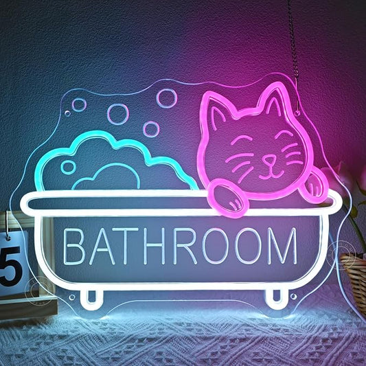 SYLHOME Bathroom Cat Led Neon Light Sign Bath Cat Bathing Home Bathroom Kids Room Funny Wall Sign Decor Birthday Christmas Party 15.75" X 11.4" USB