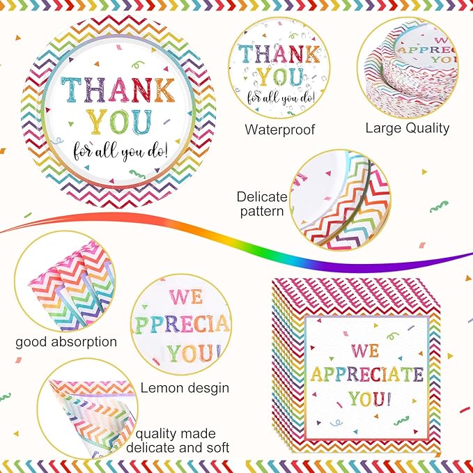 452 Pcs Thank You Party Decorations for 50, We Appreciate You Paper Plates Napkins Cups Tablecloth Cutlery Straws for Employee Staff Housekeeping Week Pastor Appreciation Party Supplies