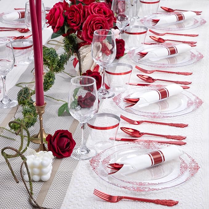 Hioasis 350pcs Clear and Red Plates - Red Party Plates for 50 Guest, Include 100 Heavy-duty Plates(20% Thicker Than Standard), 50 Pre Rolled Gold Plastic Silverware Set, 50 Cups