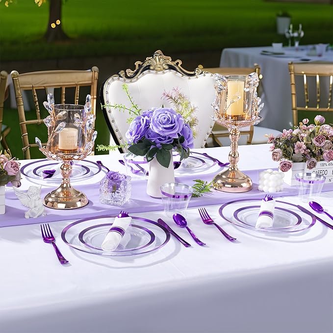 I00000 210 Pcs Clear Purple Plates for 30 Guests, Purple Dinnerware Include 60 Plates, 30 Cups, 30 Pre Rolled Napkins with Cutlery Set for Party and Wedding