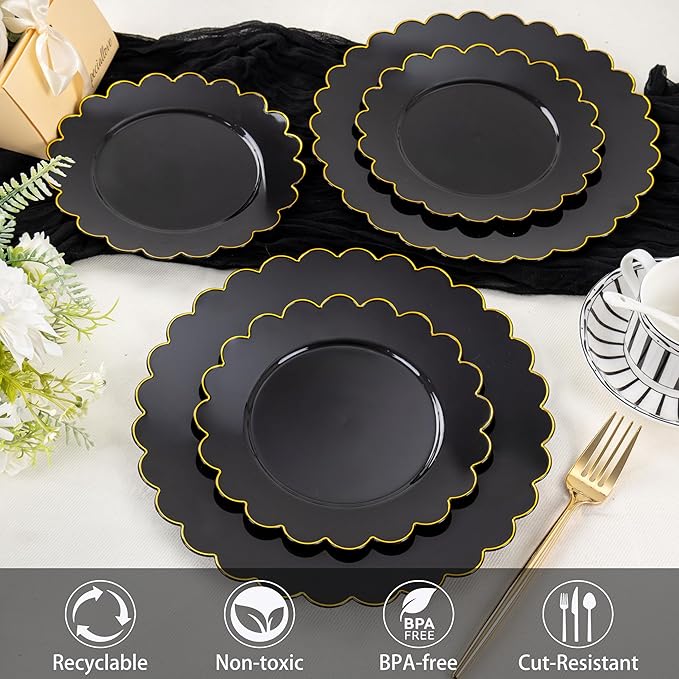 supernal 100pcs Black and Gold Plastic Dinnerware Set - Scalloped Disposable Plates Heavy Duty Gold And Black Plastic Plates Service for 50 Guests,Perfect for Party Birthday Wedding Festival