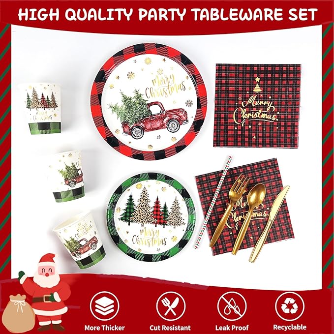 194 Pcs Christmas Paper Plates & Napkins Sets,Christmas Dinnerware/Tableware Disposable Sets Including Cups Straws Plastic Cutlery Banner Tablecloth for Xmas Party Supplies,Serves 24 Guests