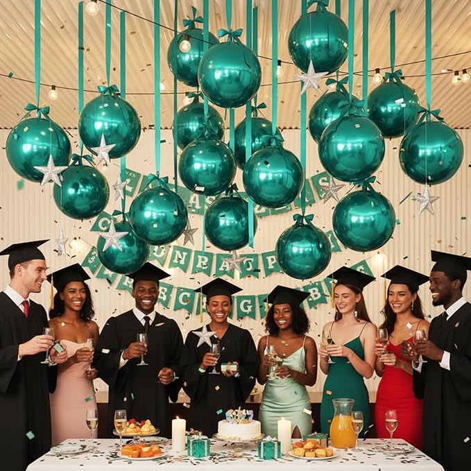 Jenaai 30 Set Round Foil Balloons Bulk 22 Inch 4d Metallic Giant Balloons Set with Satin Bows Ribbon for Ceiling Holiday Ornaments New Year Birthday Wedding Party Decoration(Green)