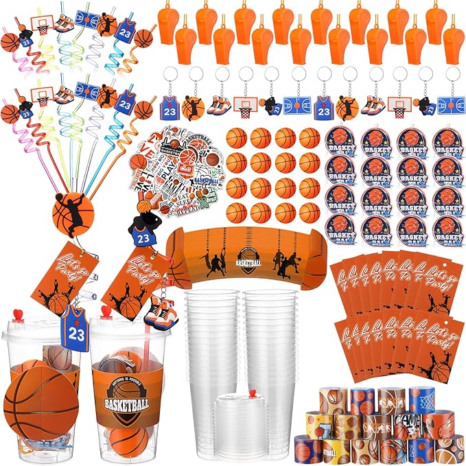 Party Favors Set with Cup Straw Cup Sleeve Bouncy Ball Mini Pinball Machine Keychain Sticker Clap Bracelet Tag for Sport Reward Birthday Gift Party Supplies(195 Pcs,Basketball)