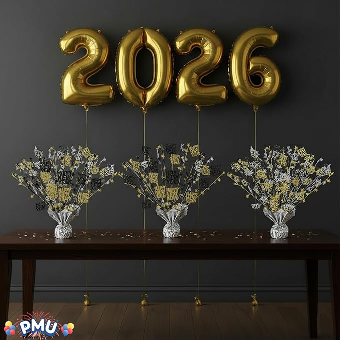 PMU 6Pc New Year's Eve Bursting Centerpiece for Table Decor, Table Balloon Weights| for Theme Party Decorations Supplies Silver |15in