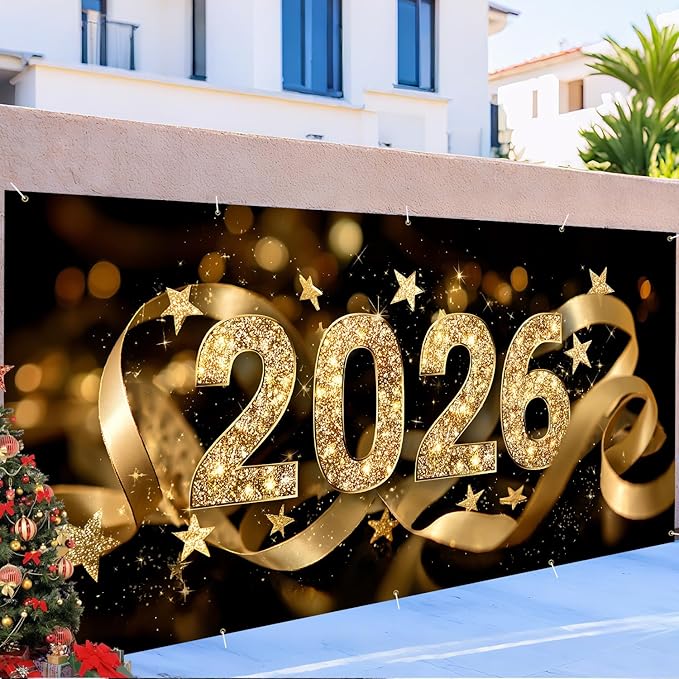 2026 New Year Garage Door Banner 7x16FT, Gold Glitter 2026 Garage Door Cover, Large Outdoor Happy New Year Decoration Backdrop for Garage Doors, Fence, Yard Party