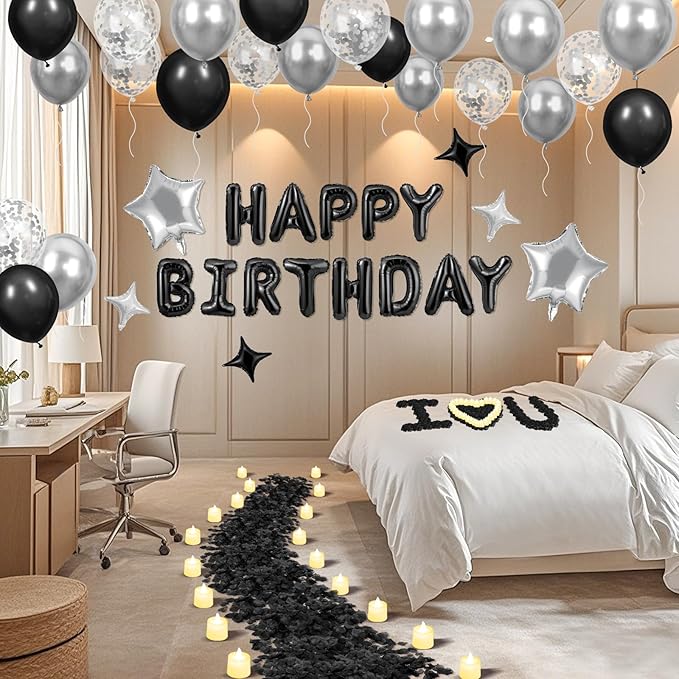 Black Happy Birthday Balloons Decorations Silver and Black Birthday Balloon Letters Banner with 6 Pcs Star Balloons Black Artificial Rose Petals 24 Flameless LED Candles for Room Birthday Party Decor