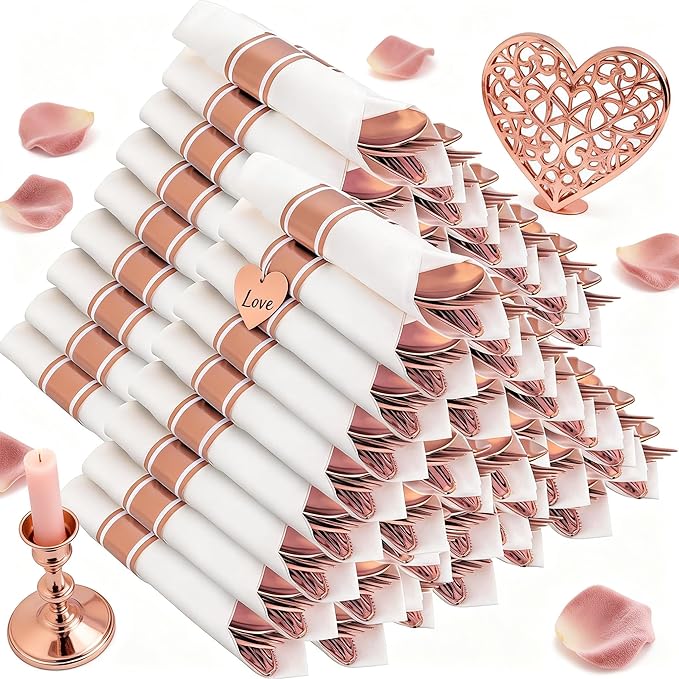400PCS Pre Rolled Rose Gold Plastic Silverware Sets - Heavy Duty Rose Gold Cutlery - Include 100 Pack Wrapped Disposable Utensils with Napkins for Parties & Dinners & Weddings