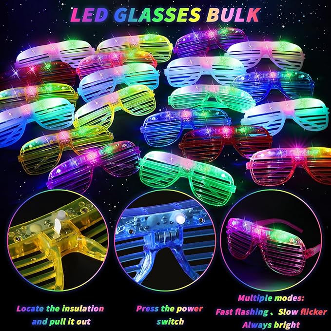100 Pack Light Up Glasses, LED Glasses 10 Neon Color Led Glasses, Shutter Shades Glow Stick Sunglasses, Neon Party Supplies for Kids Adults Birthday Wedding New Year Glow Toys Cosplay Christmas