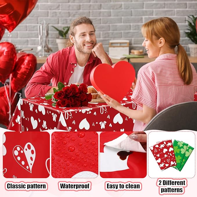 Oudain 54 Inch X 300 Feet Valentine St Patrick Plastic Tablecloth Roll Set, Valentine Day Table Cover Roll Holiday Disposable Tablecloth Rolls Waterproof Table Cover Rolls with Cutter Box for Party