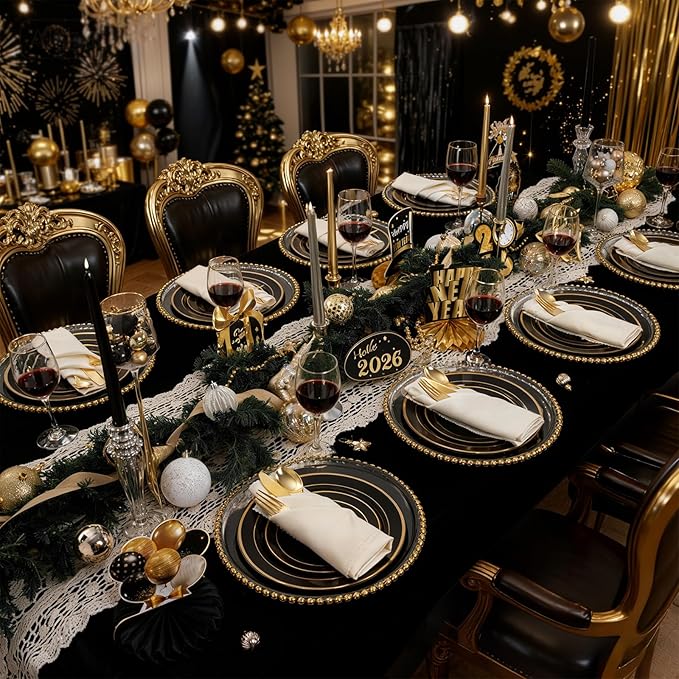 350 Pieces Black and Gold Plastic Plates with Disposable Silverware, Include 50 Dinner Plates 9”, 50 Dessert Plates 6.3”, 50 Black Cups 9 OZ, 50 Pre Rolled Napkins for New Year