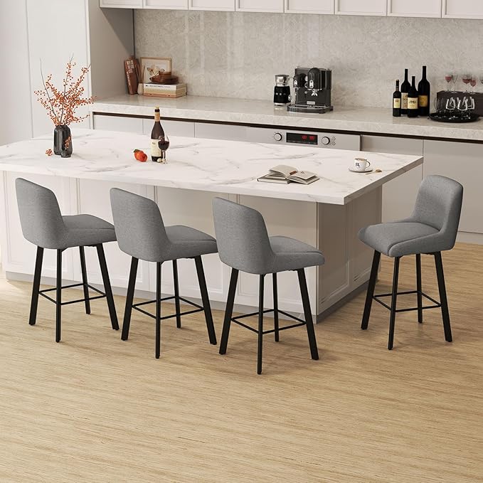 Swivel Bar Stools Set of 6, 26''H Upholstered Barstools with Backs, Modern Counter Height Bar Stool Chairs for Kitchen Island, Metal Legs, Fabric, Gray Counter Stools