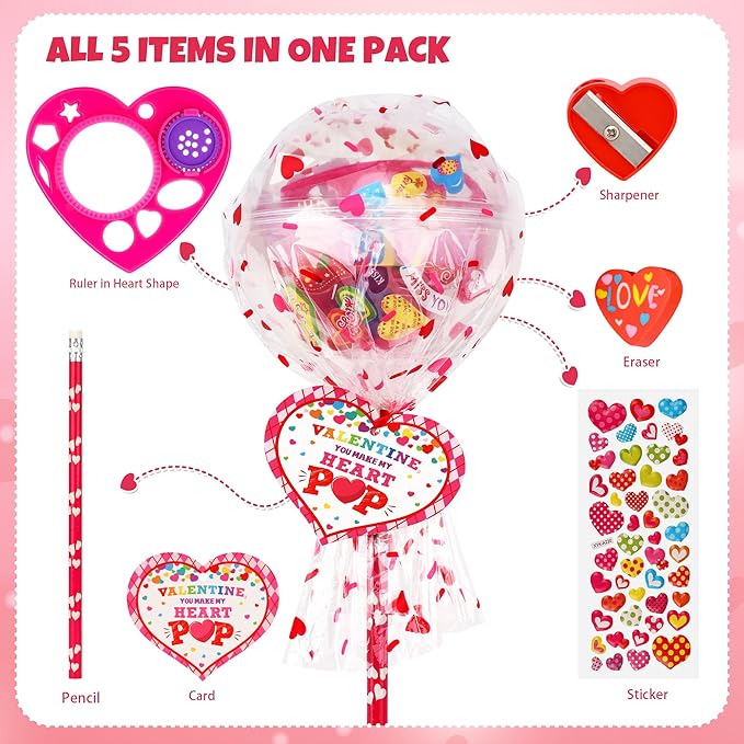 POPGIFTU Valentine Classroom Exchange Gifts for Kids – 28 Pack Lollipop-Shaped Stationery with Cards, Pencils, Erasers, Rulers & Stickers for Boys and Girls, Party Favors for School