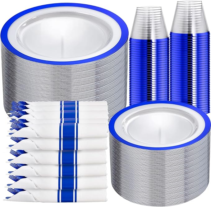 I00000 350 Pcs Dark Blue Plastic Plates,Clear Disposable Plates for 50 Guests,Blue Dinnerware Include 50 Dinner Plate 50 Dessert Plate,50 Cups,50 Pre Rolled Napkins with Cutlery Set for Party,Wedding