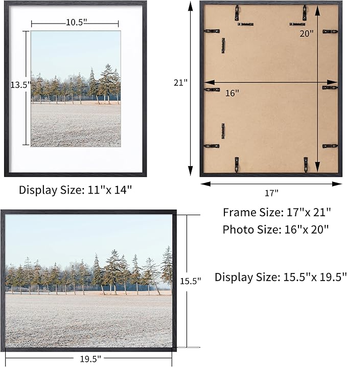 Axeman 16x20 Picture Frame with Mat for 11x14, Solid Oak Wood Poster Frame with Tempered Glass for Home Decor, Wooden 16x20inch Photo Frame for Art Photo and Prints, Set of 2, Black