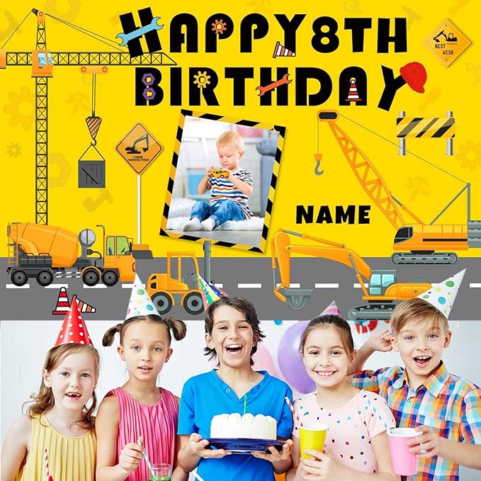 Custom Construction Happy Birthday Party Decorations Supplies Personalized Excavator Crane Dump Truck Digger Birthday Backdrop Banner(5x7.5ft)