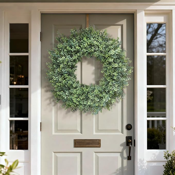 32'' Large Boxwood Wreath for Front Door, Porch, Window- Artificial Boxwood Leaves Greenery Outdoor Wreath for Home, Farmhouse Wall Decor- Spring, Summer, Fall, All Seasons (Green)