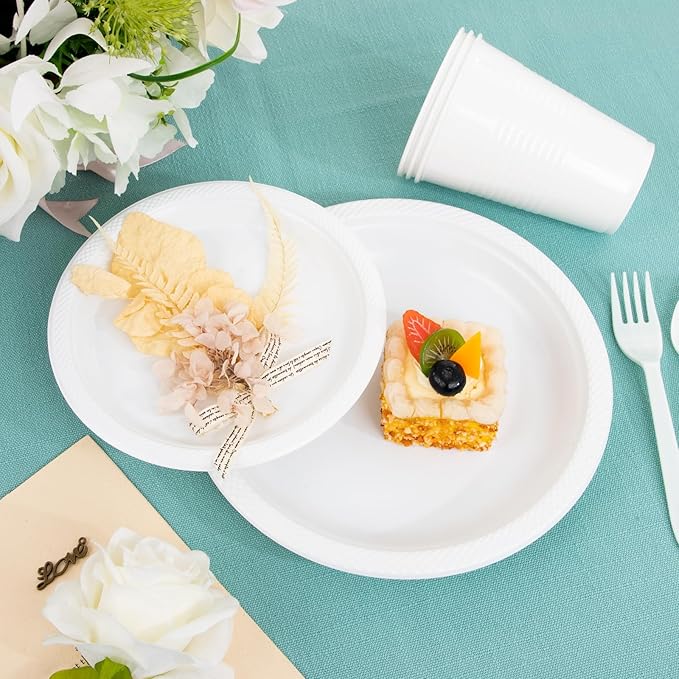 MirthMood 350PCS White Disposable Plates, Round Solid Color Disposable Plates for Party, including 50 Dinner Plates,50 Dessert Plates,50 White Silverware,50 Napkins and 50 16OZ Cups