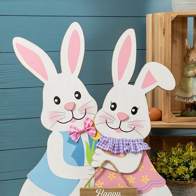 Glitzhome Set of 2 24"H Easter Wooden Bunny Porch Decor,Vertical Welcome Sign for Front Door Outdoor Spring Easter Party Decor