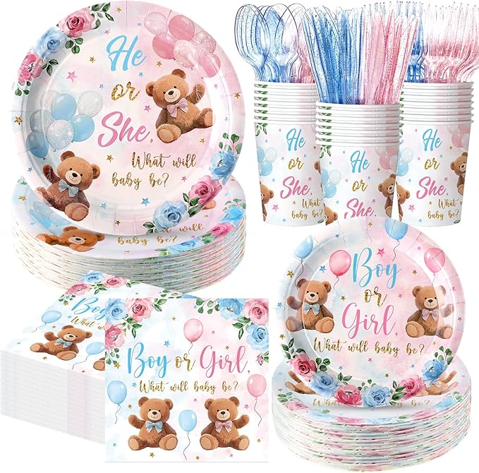 Pickmesh 400 Pcs Bear Gender Reveal Party Supplies Decorations Include Pink Blue Gender Reveal Party Disposable Paper Plates Napkins Cups Cutlery for Men Women Decorations Serve 50