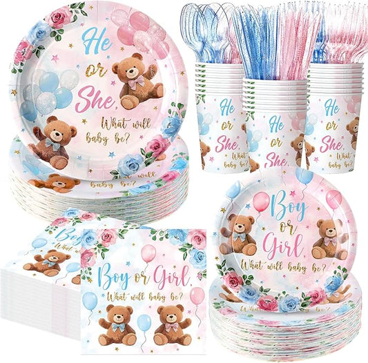 Pickmesh 400 Pcs Bear Gender Reveal Party Supplies Decorations Include Pink Blue Gender Reveal Party Disposable Paper Plates Napkins Cups Cutlery for Men Women Decorations Serve 50