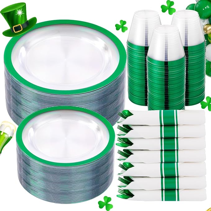I00000 210 Pcs Green Plastic Plates-St. Patrick's Day Green Dinnerware for Party, Include 30 Dinner and 30 Dessert Plates,30 Plastic Cups 9 OZ,30 Per Rolled Napkins with Cutlery for Party