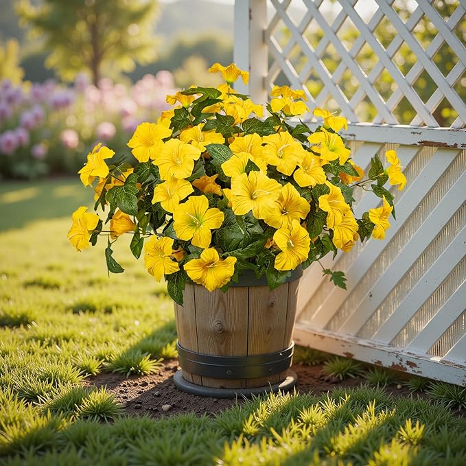 19 Inch Artificial Fake Flowers for Outdoor,4 Pcs Faux Silk Petunias Spring Flowers for Outside for Indoor Porch Planter Front Door Garden Patio Window Box Home Decor(Yellow)