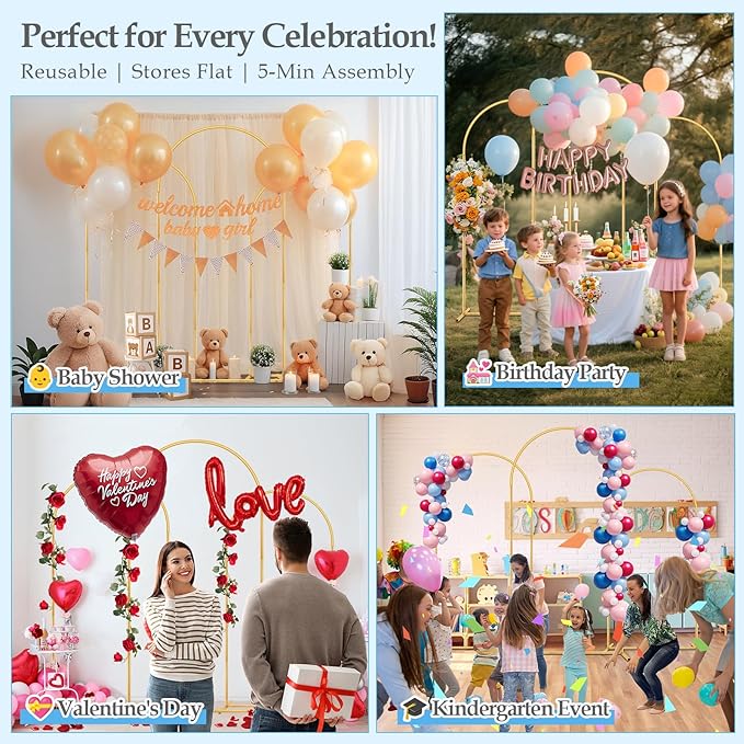 DEVISEFUN Arch Backdrop Stand, 7.2FT, 6.6FT, 6FT Set of 3 Metal Gold Wedding Balloon Arch Stand Kit with Base for Gender Reveal Ceremony Bridal Graduation Party Event Background Decoration