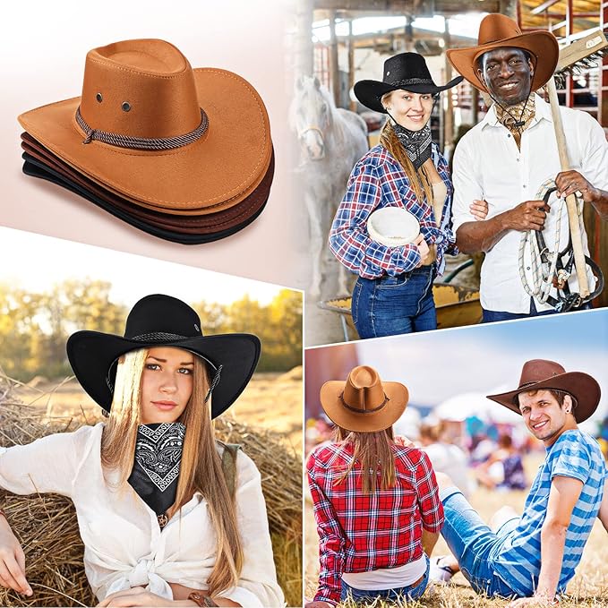 Zhanmai 12 Pcs Cowboy Hat and Bandana Cowboy Cowgirl Hats Bulk Western Party Costume Halloween Accessory