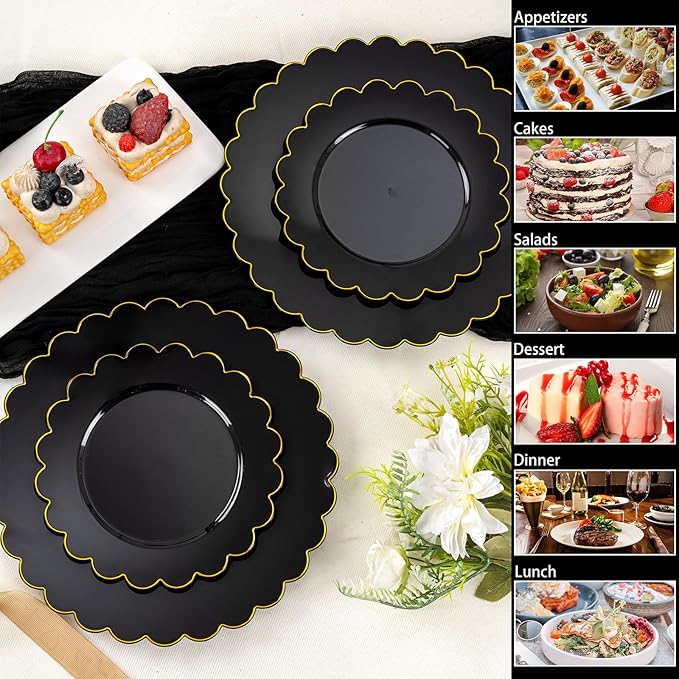supernal 100pcs Black and Gold Plastic Dinnerware Set - Scalloped Disposable Plates Heavy Duty Gold And Black Plastic Plates Service for 50 Guests,Perfect for Party Birthday Wedding Festival