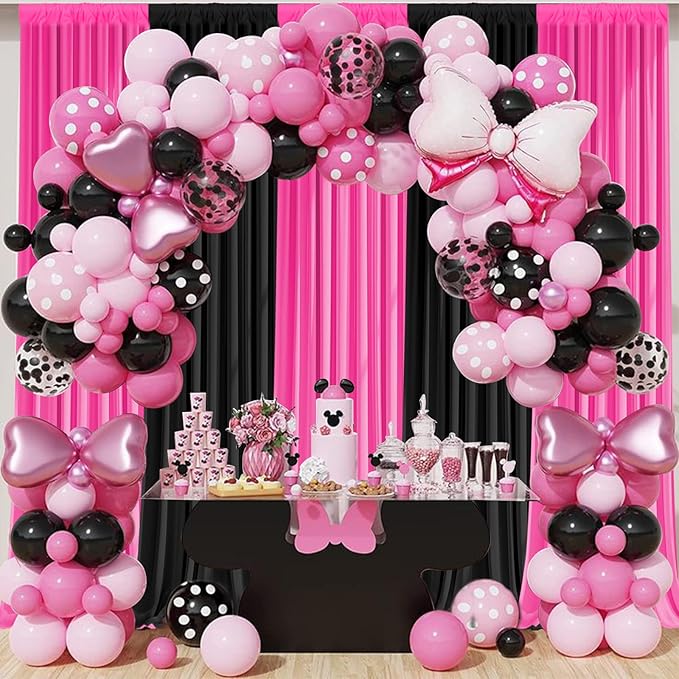 Party Backdrop Curtain -10×10ft Black & Pink Background Decor for Birthdays, Baby Showers, Home Parties,Easy to Set up, Durable Photo Booth Wall Decoration for Adults & Kids