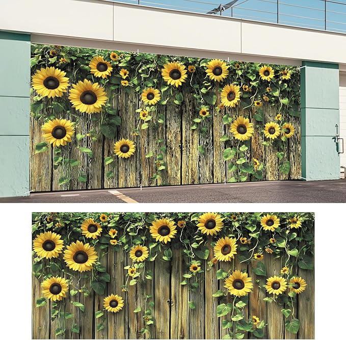 ANNA QUEEN Sunflower Fence Garage Door Banner 6 x 13FT, Vibrant Floral Sunflowers with Wooden Fence, Outdoor Garden Decoration for Spring and Summer Parties Home Decor