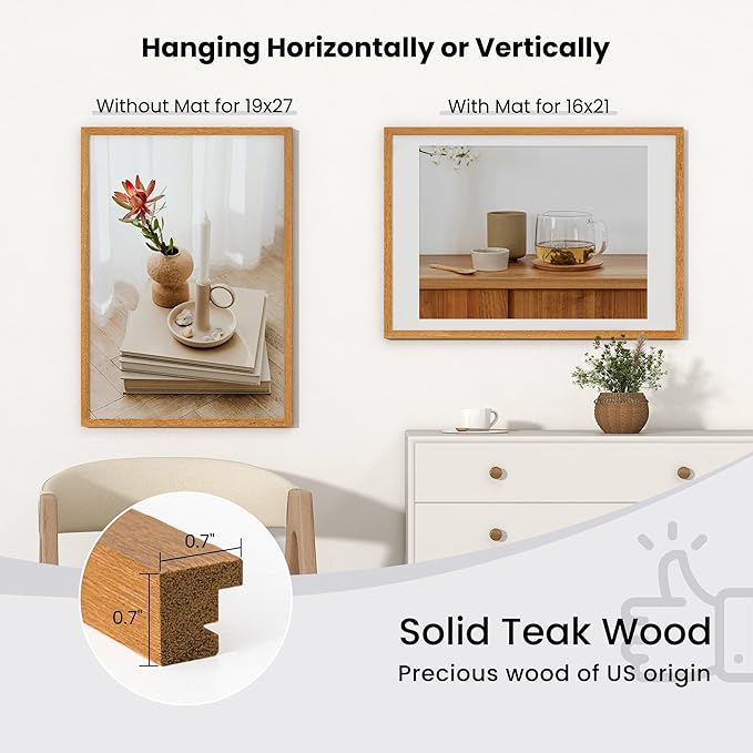 Axeman 19x27 Picture frame with mat for 16x21, Tempered Glass and Hanging Hardware Included Natural Teak Home Decor Art Hanging Frame, Natural Teak