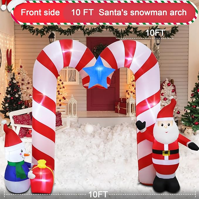 10ft Candy Cane Arched Outdoor Inflatable with LED Lights for Christmas Holiday Party Decoration, Winter Garden Decoration