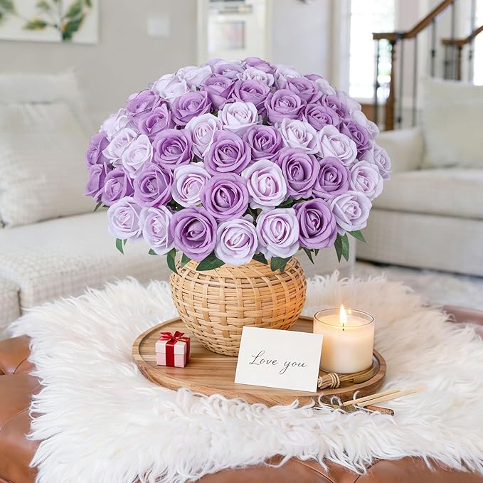 50 PCS Purple Roses Artificial Flowers, Fake Roses with Stem Realistic Silk Roses for DIY Wedding Bouquets Table Centerpieces Arrangements Baby Shower Birthday Home Decor Valentine's Day Gift for Her