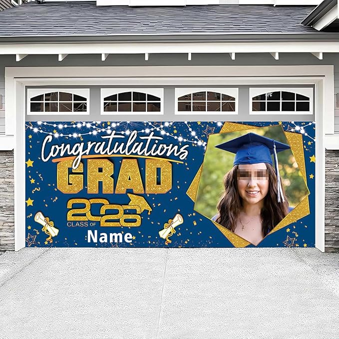 Custom Garaduation Garage Door Banner Cover 16 x 7 ft Class of 2026 Congrats Grad Party Backdrop Personalized Graduation Decoration(Blue and Gold)