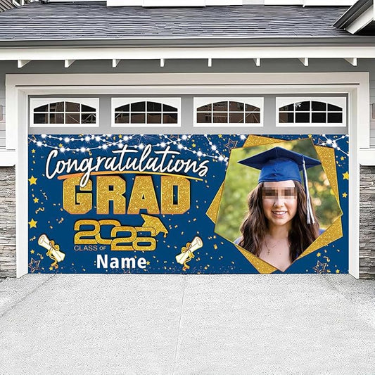 Custom Garaduation Garage Door Banner Cover 16 x 7 ft Class of 2026 Congrats Grad Party Backdrop Personalized Graduation Decoration(Blue and Gold)