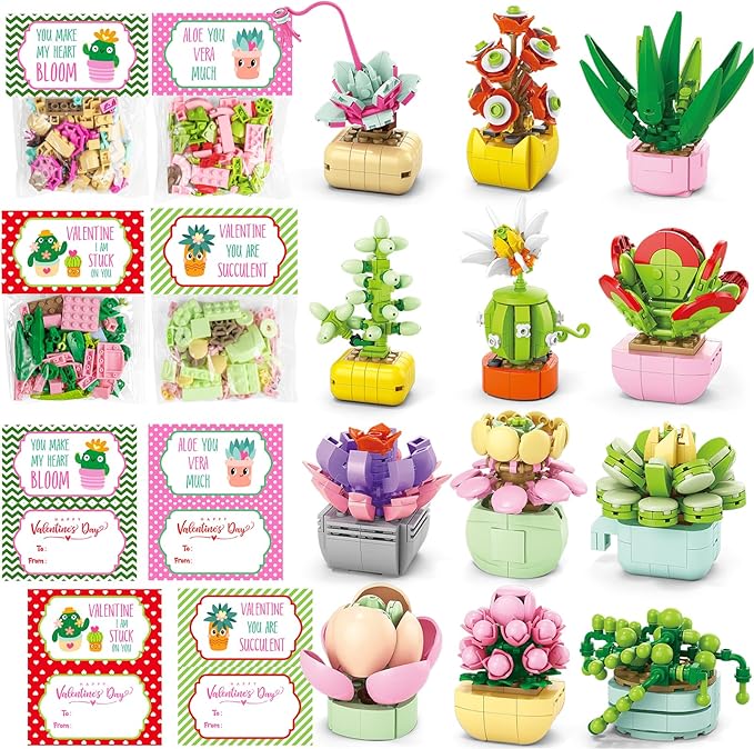 Valentines Day Gifts for Kids - 24 Packs Succulents Building Blocks with Valentines Day Cards for Kids School Boys Girls, Artificial Botanical Toy Exchange Gifts Classroom Prizes Party Favor