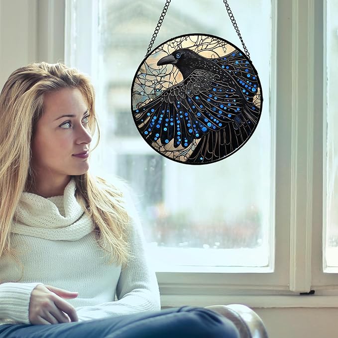 Stained Glass Window Hanging - Black Crow Big Wings Suncatcher for Doors Garden Patio Bird Sun Catchers Decor Christmas Mother's Day Birthday Gifts for Women Men Mom Nana Friend 9.8 in